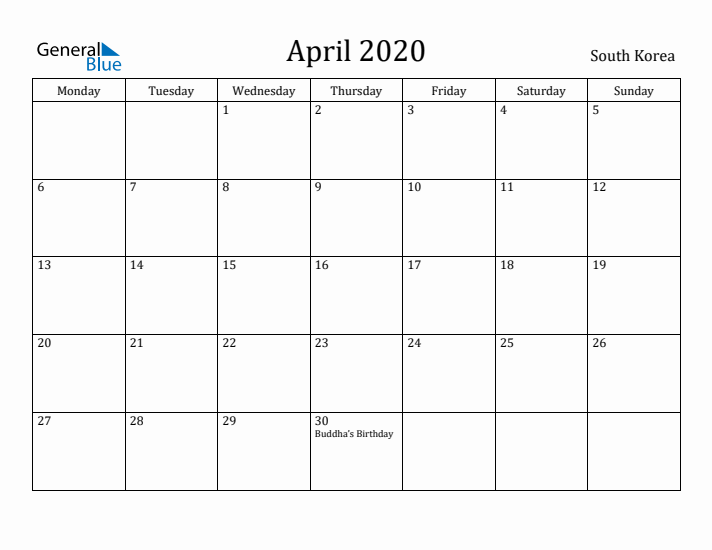 April 2020 Calendar South Korea