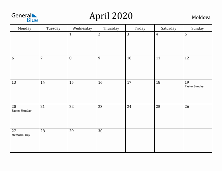 April 2020 Calendar Moldova