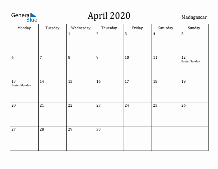 April 2020 Calendar Madagascar