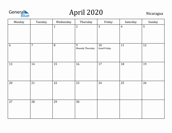 April 2020 Calendar Nicaragua