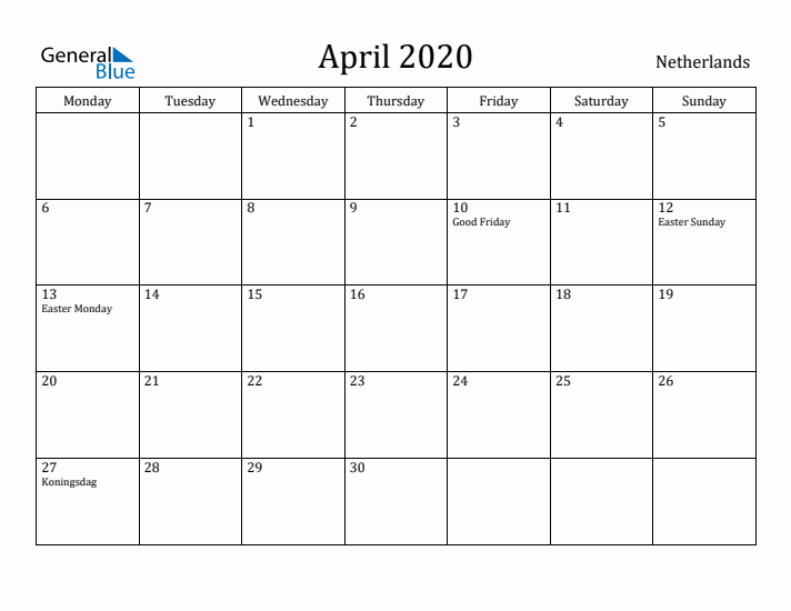April 2020 Calendar The Netherlands
