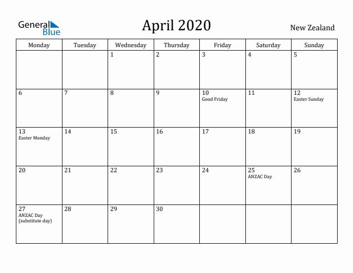 April 2020 Calendar New Zealand