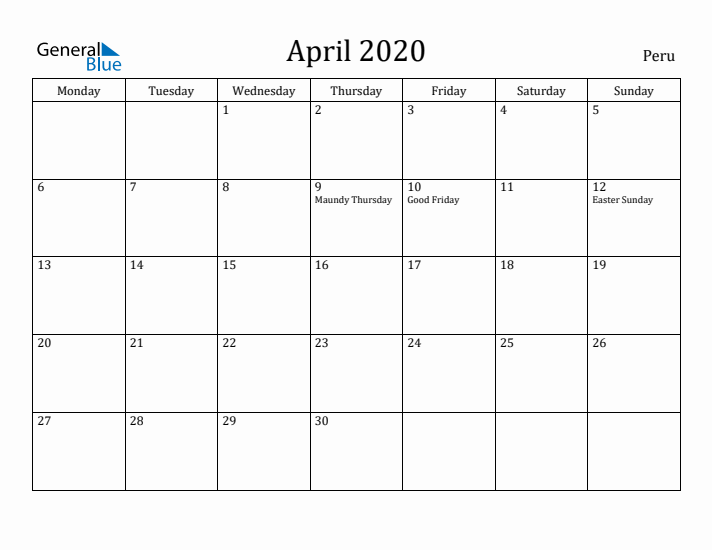 April 2020 Calendar Peru