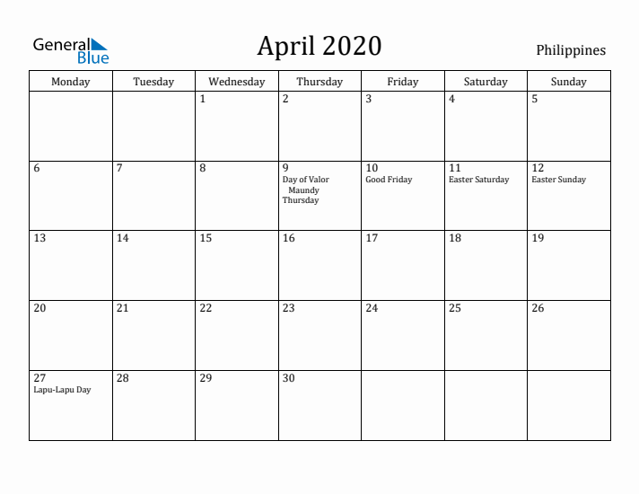 April 2020 Calendar Philippines