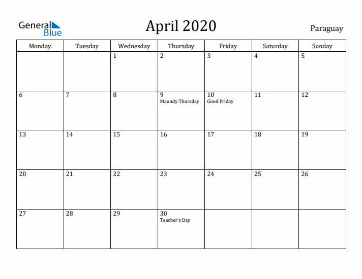 April 2020 Calendar Paraguay
