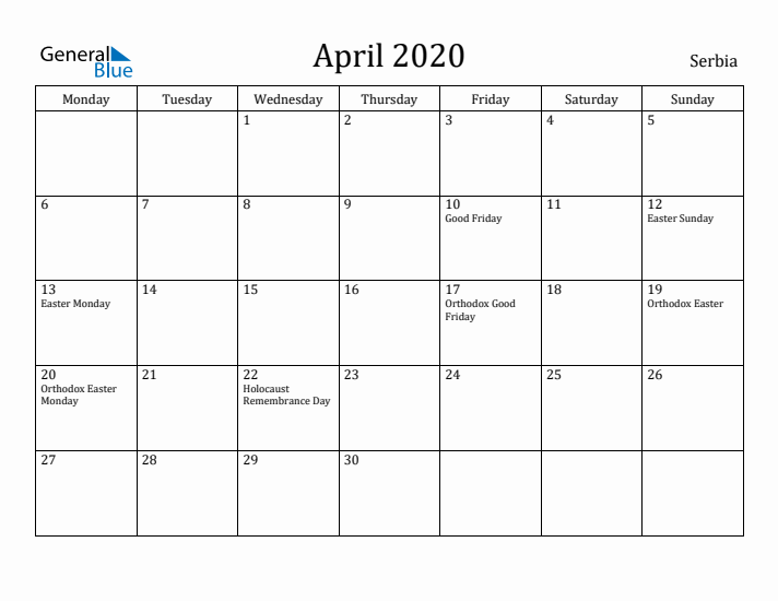 April 2020 Calendar Serbia