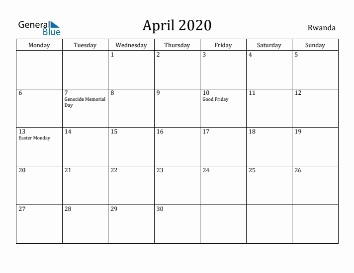 April 2020 Calendar Rwanda