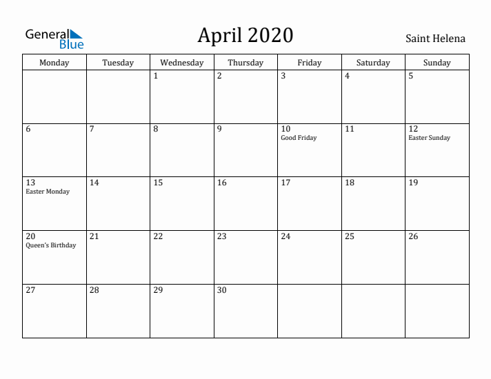 April 2020 Calendar Saint Helena