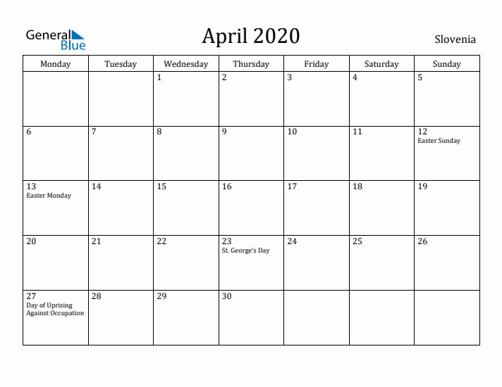 April 2020 Calendar Slovenia