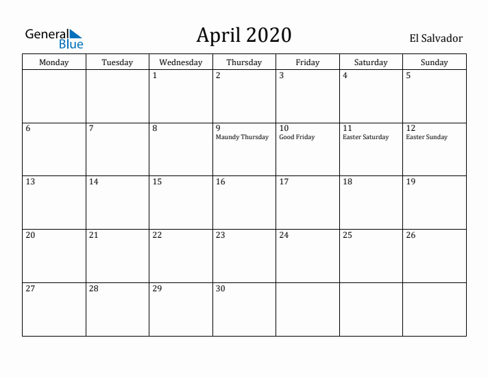 April 2020 Calendar El Salvador