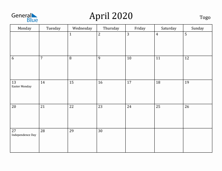 April 2020 Calendar Togo