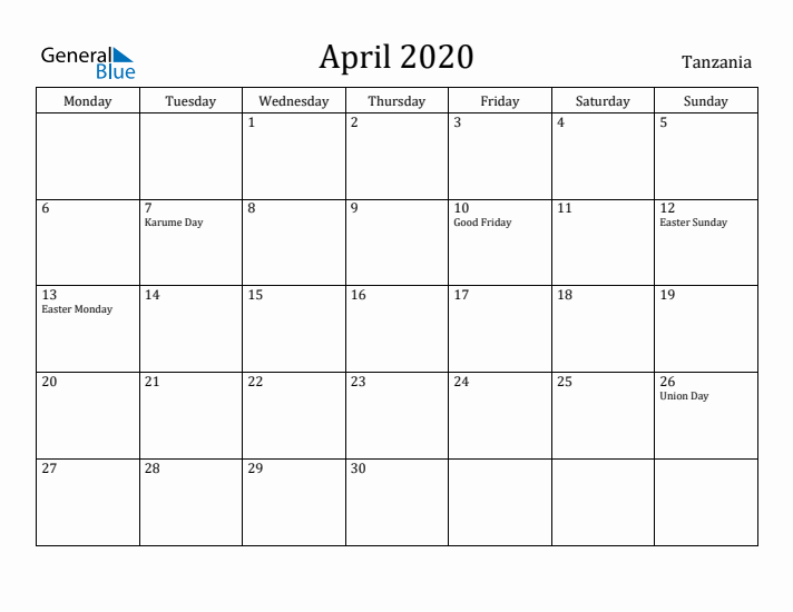 April 2020 Calendar Tanzania