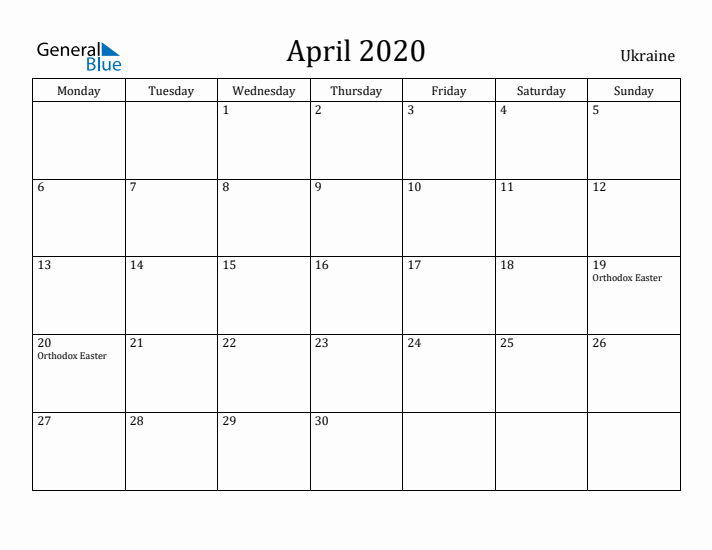 April 2020 Calendar Ukraine