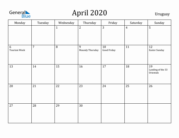 April 2020 Calendar Uruguay