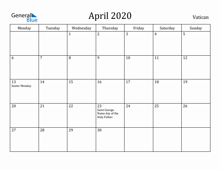 April 2020 Calendar Vatican