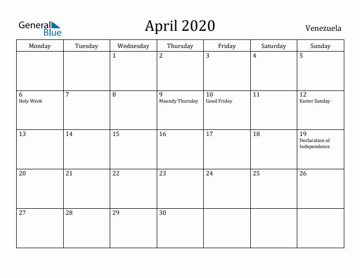 April 2020 Calendar Venezuela