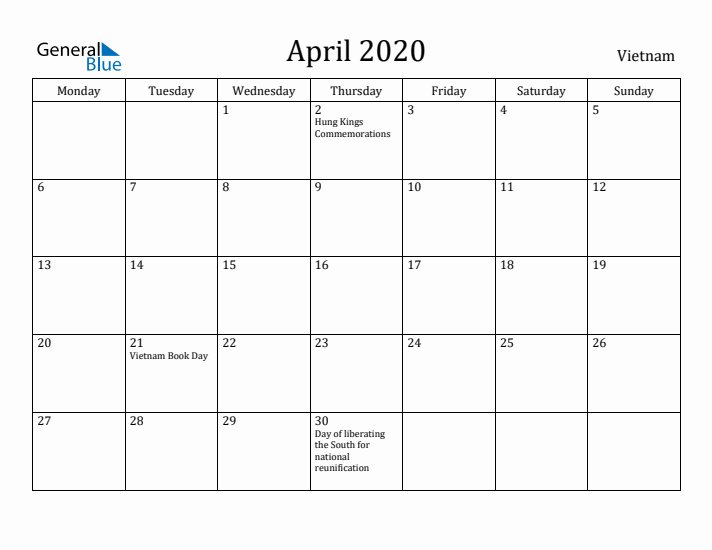 April 2020 Calendar Vietnam