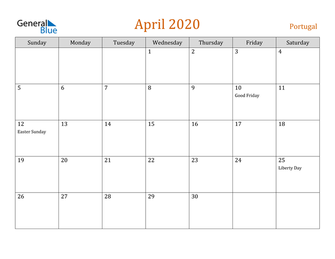 April 2020 Holiday Calendar