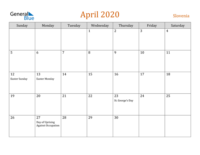 April 2020 Holiday Calendar