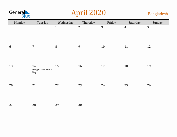 April 2020 Holiday Calendar with Monday Start