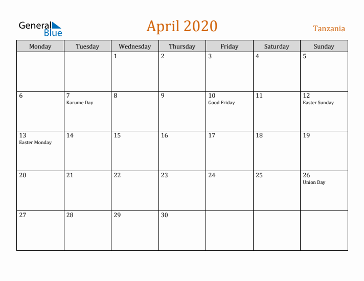 April 2020 Holiday Calendar with Monday Start