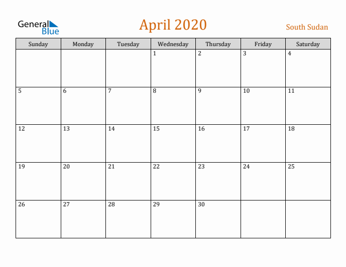 April 2020 Holiday Calendar with Sunday Start