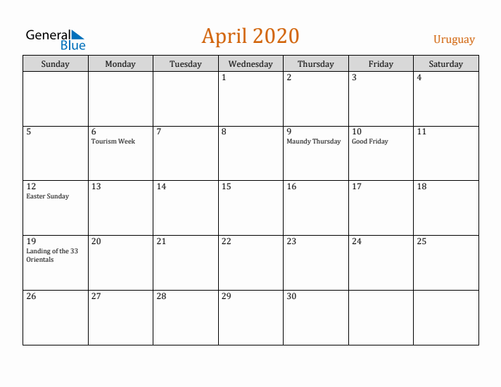 April 2020 Holiday Calendar with Sunday Start