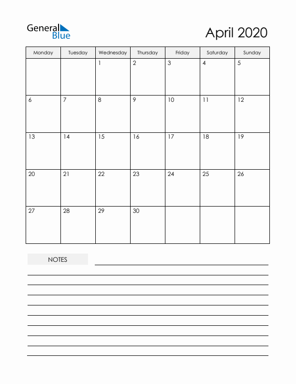 Printable Calendar with Notes - April 2020 