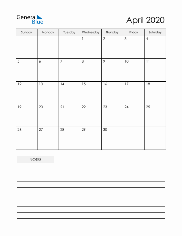 Printable Calendar with Notes - April 2020 
