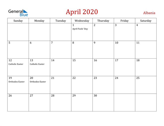 Albania April 2020 Calendar