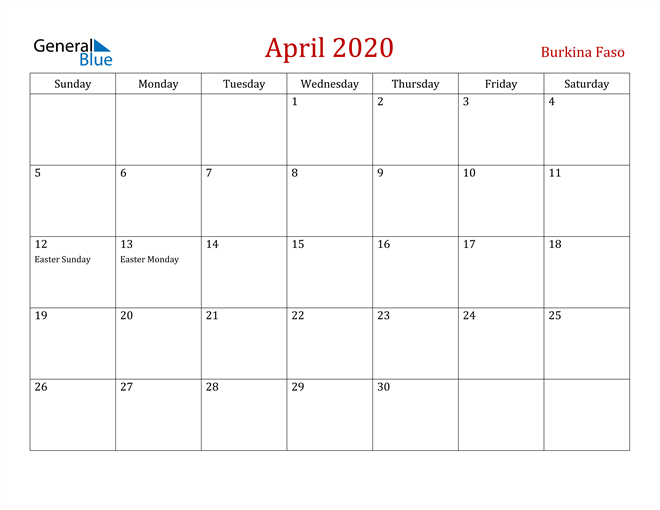 Burkina Faso April 2020 Calendar