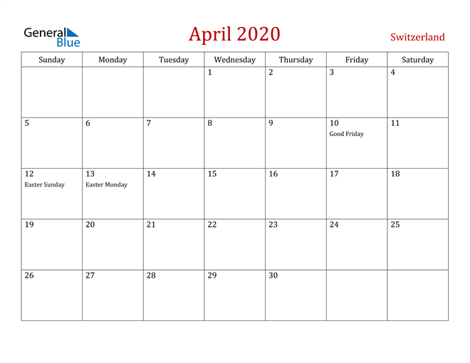 Switzerland April 2020 Calendar