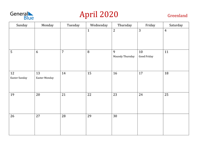 Greenland April 2020 Calendar