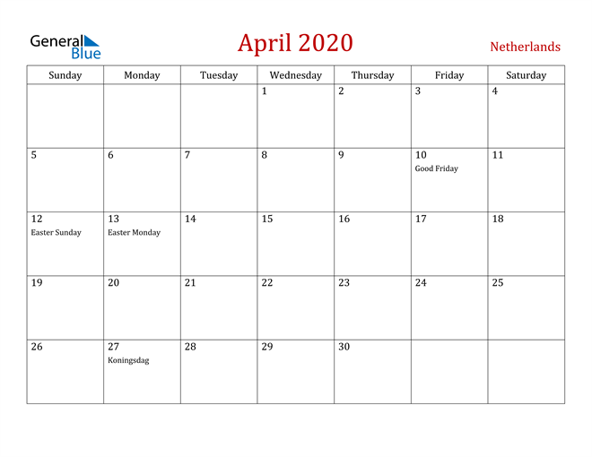 Netherlands April 2020 Calendar