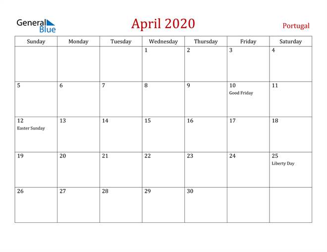 Portugal April 2020 Calendar