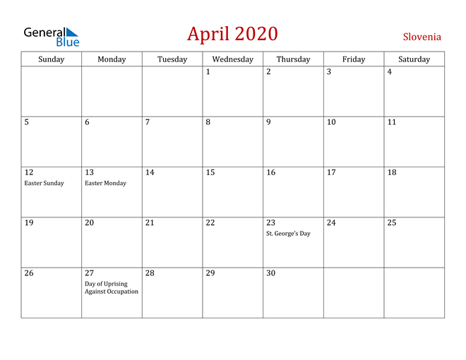 Slovenia April 2020 Calendar