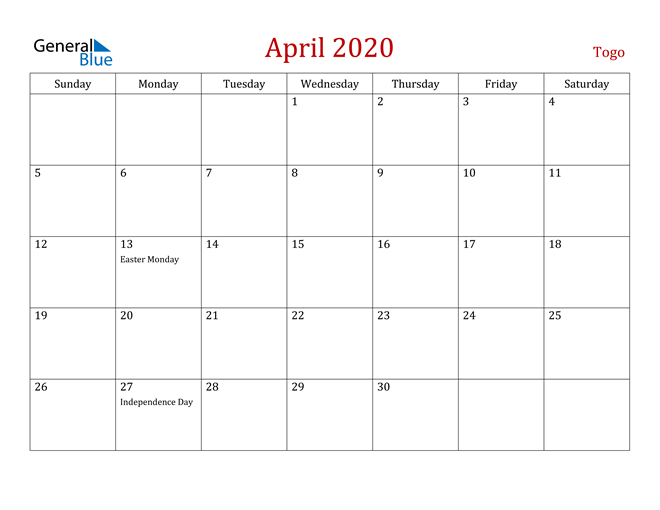 Togo April 2020 Calendar
