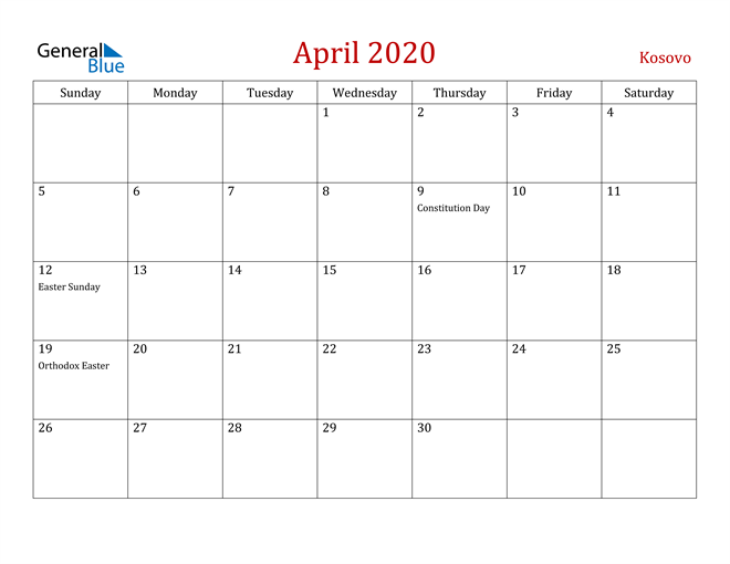 Kosovo April 2020 Calendar