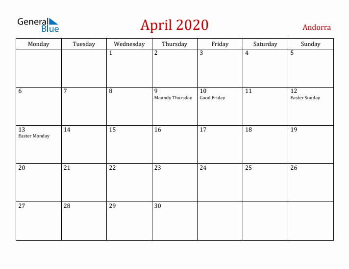Andorra April 2020 Calendar - Monday Start