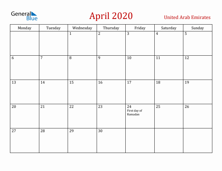 United Arab Emirates April 2020 Calendar - Monday Start