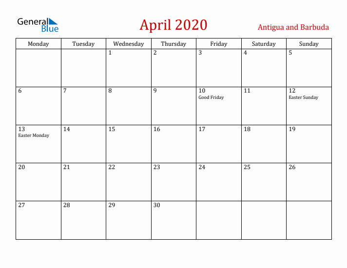 Antigua and Barbuda April 2020 Calendar - Monday Start