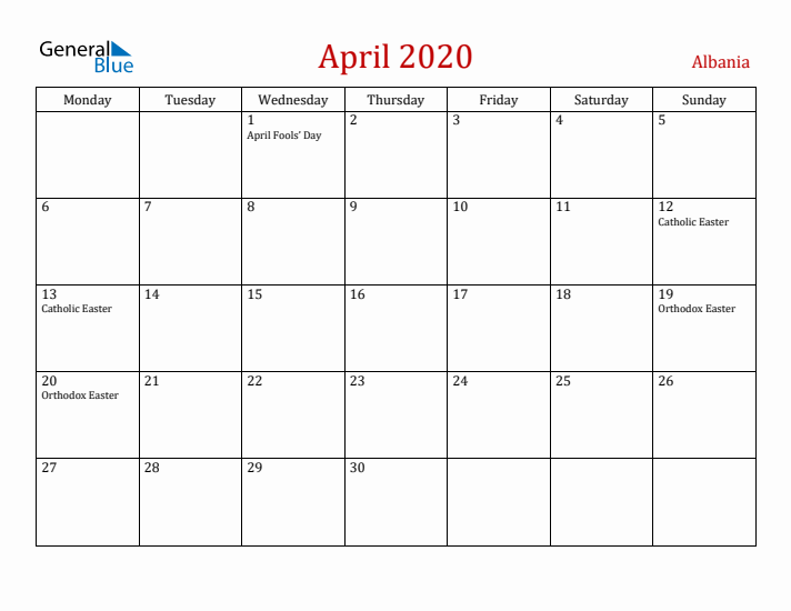 Albania April 2020 Calendar - Monday Start