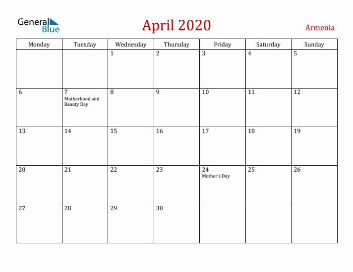 Armenia April 2020 Calendar - Monday Start