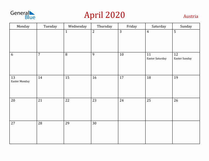 Austria April 2020 Calendar - Monday Start