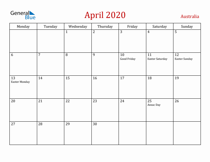Australia April 2020 Calendar - Monday Start