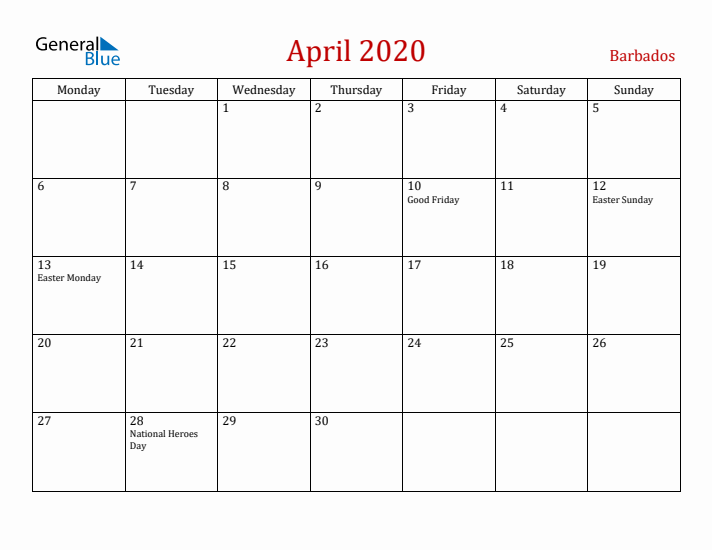 Barbados April 2020 Calendar - Monday Start
