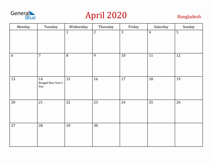 Bangladesh April 2020 Calendar - Monday Start