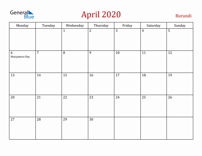 Burundi April 2020 Calendar - Monday Start