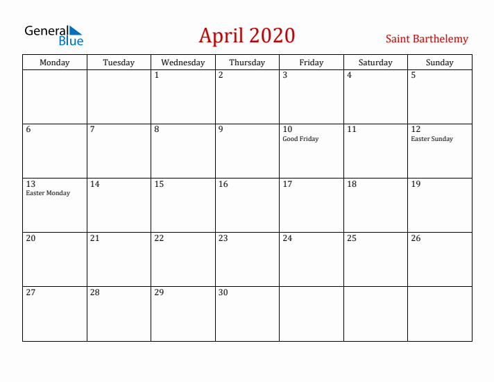 Saint Barthelemy April 2020 Calendar - Monday Start