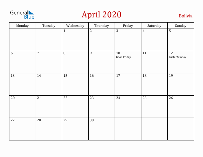 Bolivia April 2020 Calendar - Monday Start